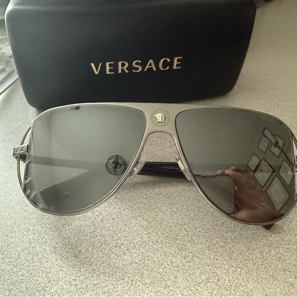 Versace Metallic Gray Aviator Sunglasses - Picture 1 of 7
